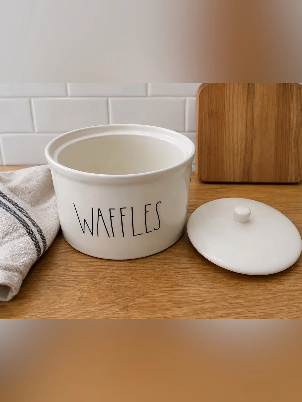 Rae Dunn Ceramic Waffles Storage Jar with Lid - White
